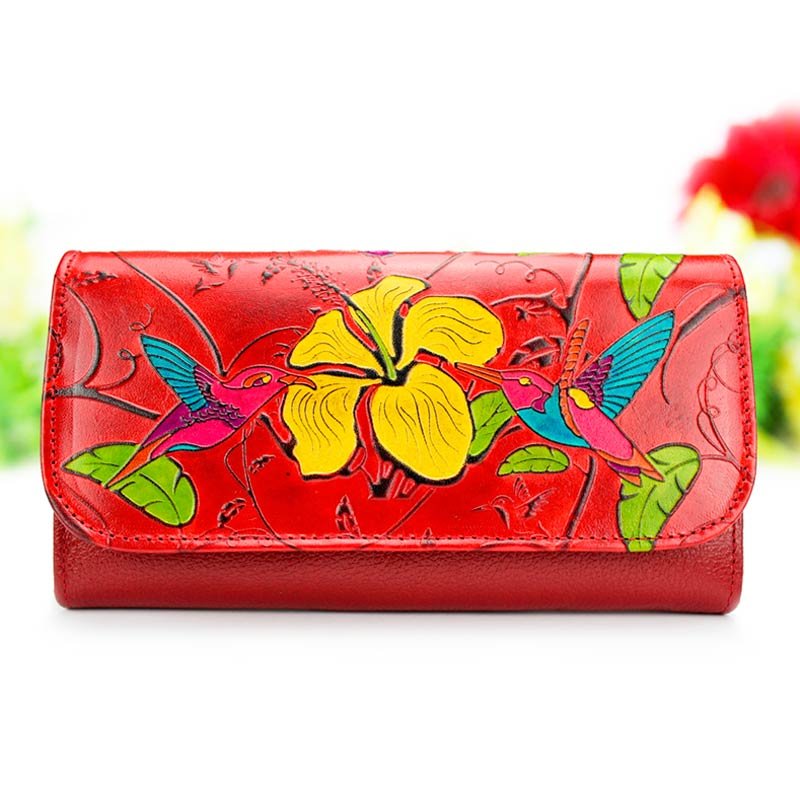 Womens wallet in genuine leather, bifold wallet handpainted