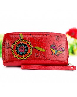 Red leather wallet with embossed pattern and hand painted